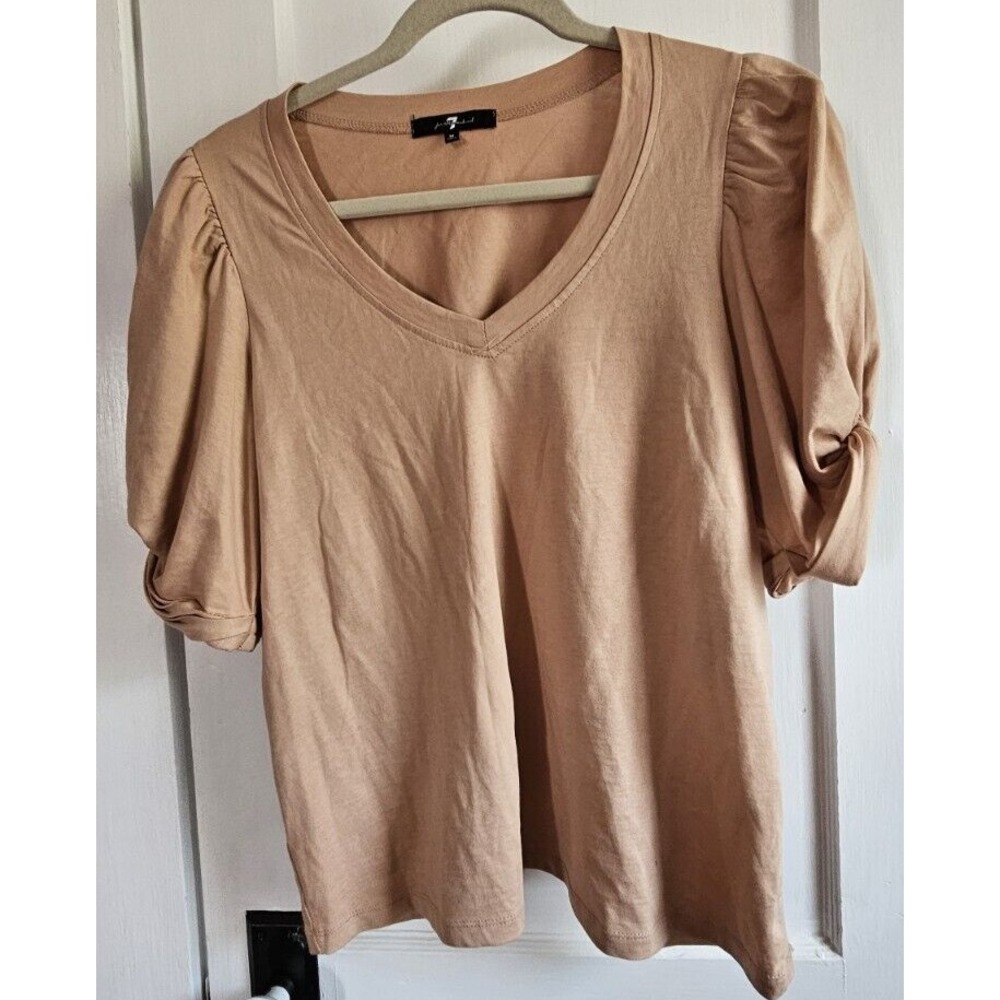 7 for all mankind V neck short balloon sleeve top beige 100% cotton Sz M